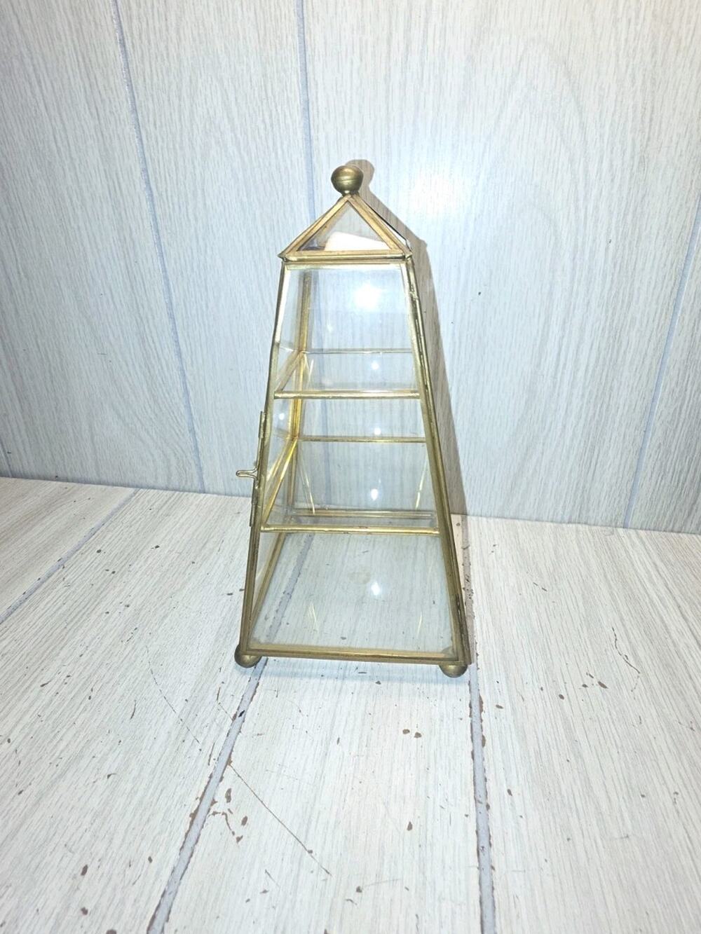 Vintage Pyramid Brass Glass Curio Cabinet Display 3 Tier Shelf 9" Retro Regency